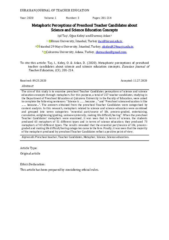 (PDF) Metaphoric Perceptions of Preschool Teacher Candidates about ...