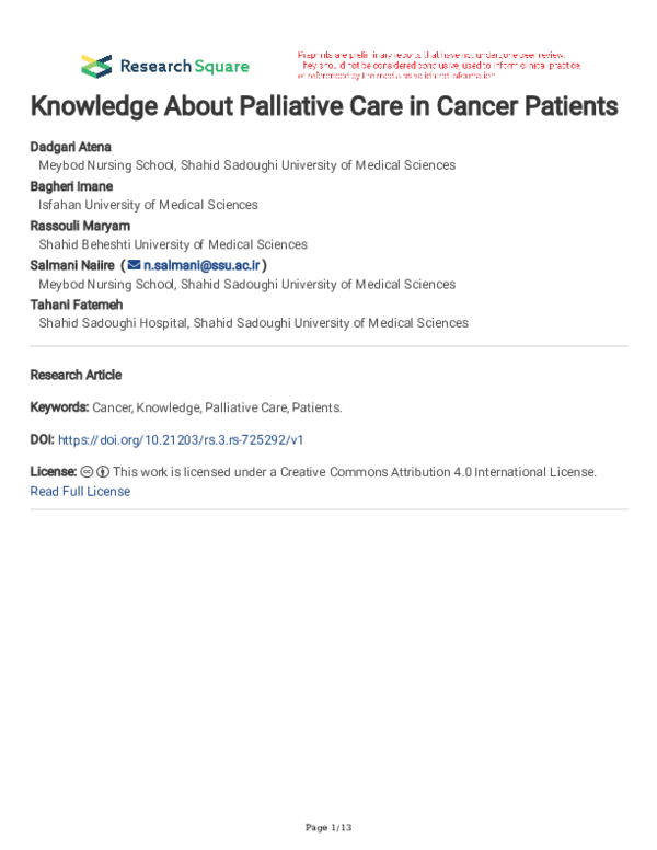 (PDF) Knowledge About Palliative Care in Cancer Patients