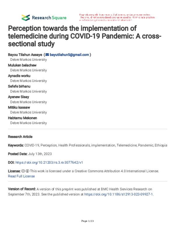 (PDF) Perception towards the implementation of telemedicine during ...