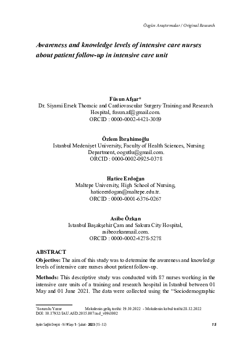 (PDF) Awareness and Knowledge Levels of Intensive Care Nurses about ...