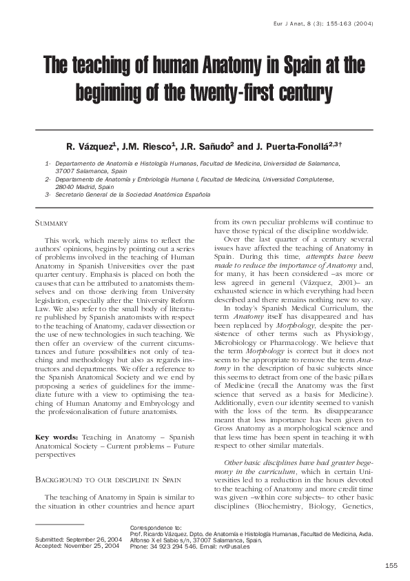 (PDF) The teaching of human Anatomy in Spain at the beginning of the ...