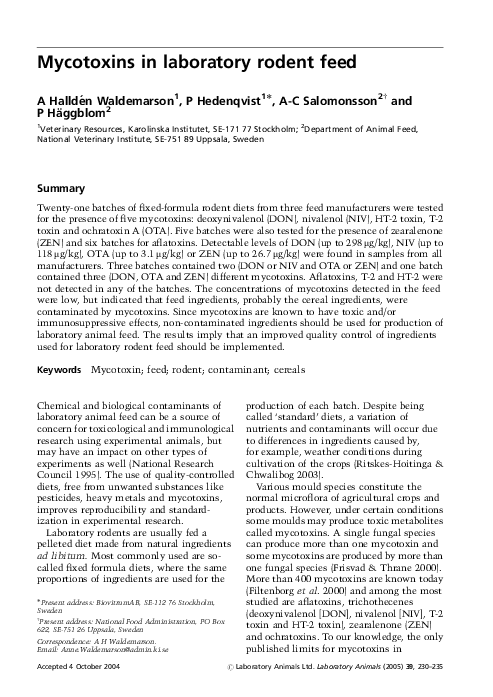 (PDF) Mycotoxins in laboratory rodent feed