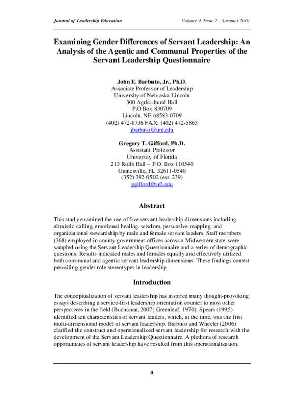 (PDF) Examining Gender Differences of Servant Leadership