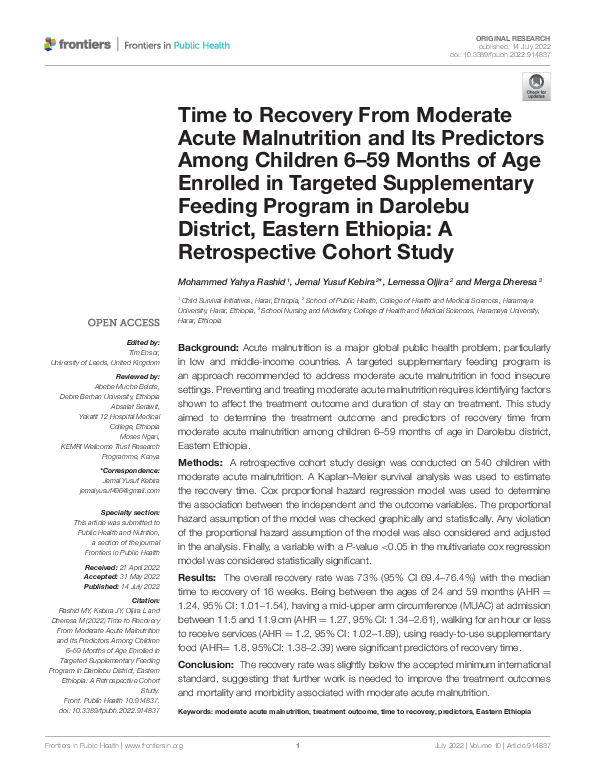 (PDF) Time to Recovery From Moderate Acute Malnutrition and Its ...