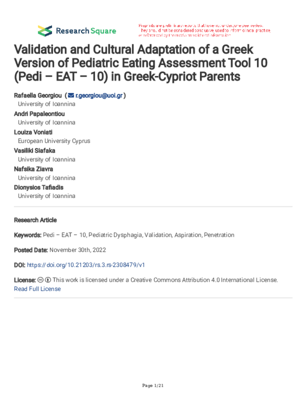 (PDF) Validation and Cultural Adaptation of a Greek Version of ...
