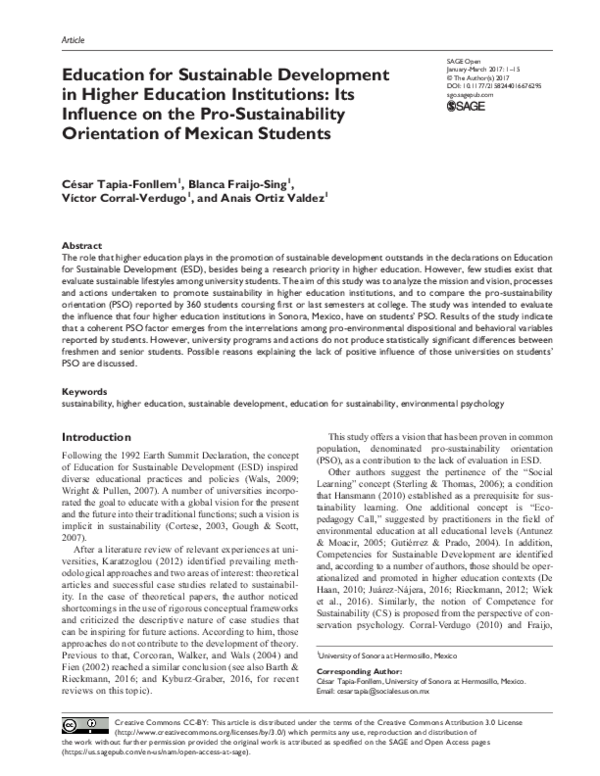 (PDF) Education for Sustainable Development in High Education Institutions