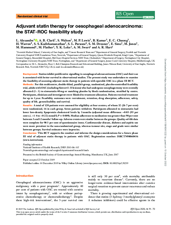 (PDF) Adjuvant statin therapy for oesophageal adenocarcinoma: the STAT ...