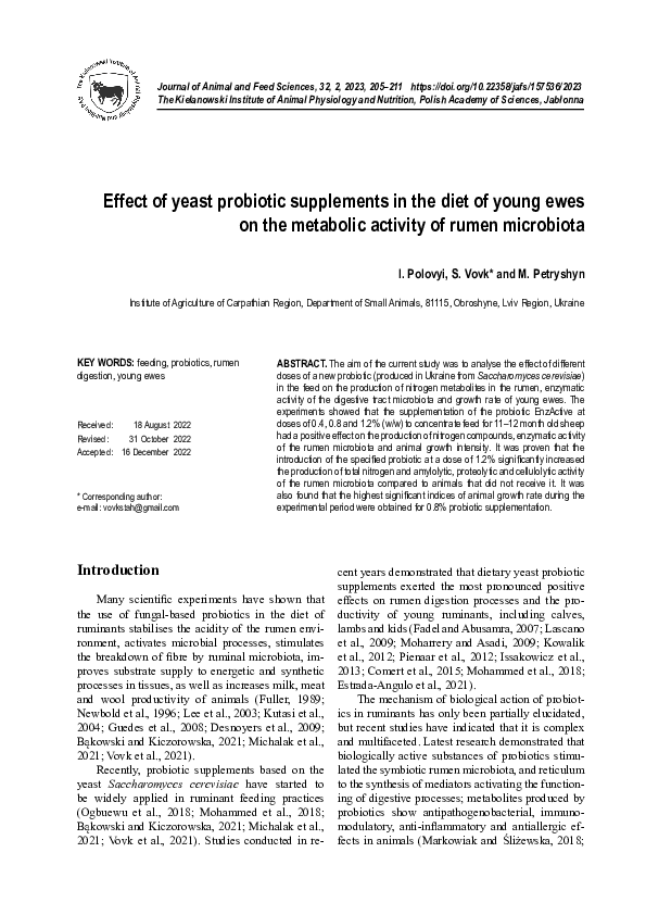 (PDF) Effect of yeast probiotic supplements in the diet of young ewes ...