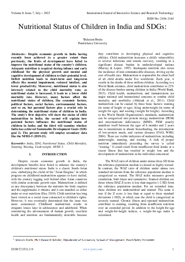 (PDF) Nutritional Status of Children in India and SDGs