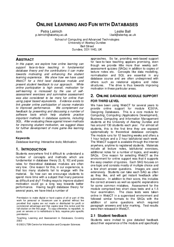 (PDF) Online learning and fun with databases