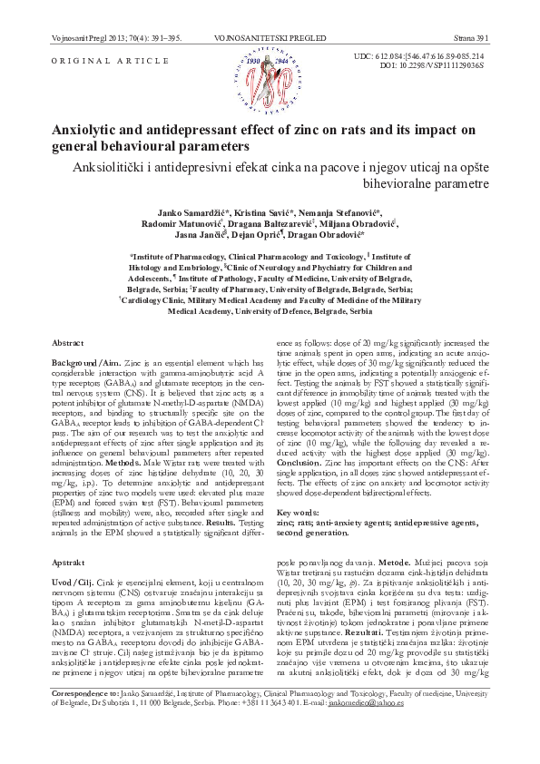 (PDF) Anxiolytic and antidepressant effect of zinc on rats and its ...