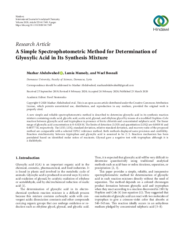 (PDF) A Simple Spectrophotometric Method for Determination of Glyoxylic ...