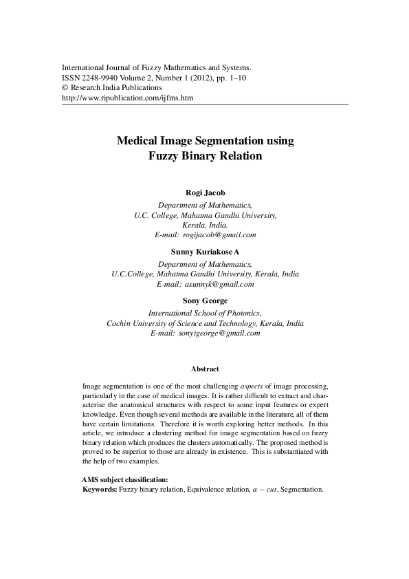 (PDF) Medical Image Segmentation Using Fuzzy Binary Relation
