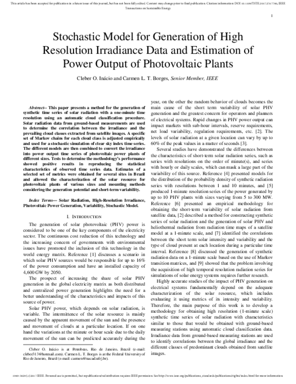 (PDF) Stochastic Model for Generation of High-Resolution Irradiance ...