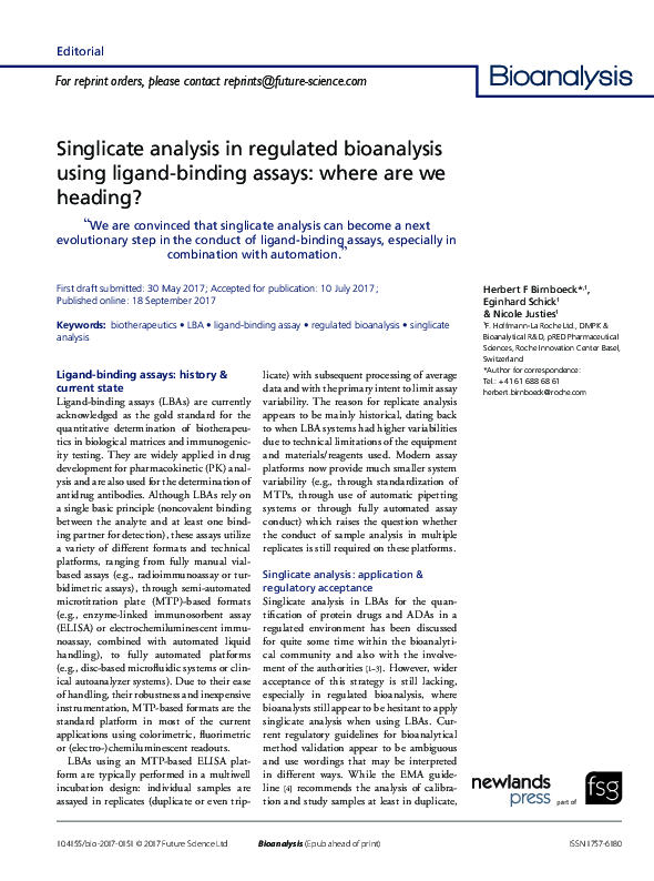 (PDF) Singlicate analysis in regulated bioanalysis using ligand-binding ...