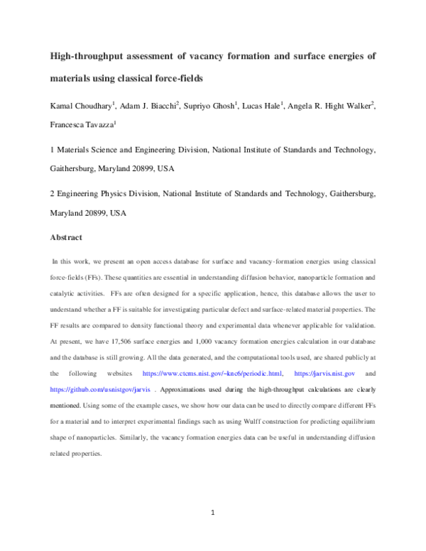 (PDF) High-throughput assessment of vacancy formation and surface ...