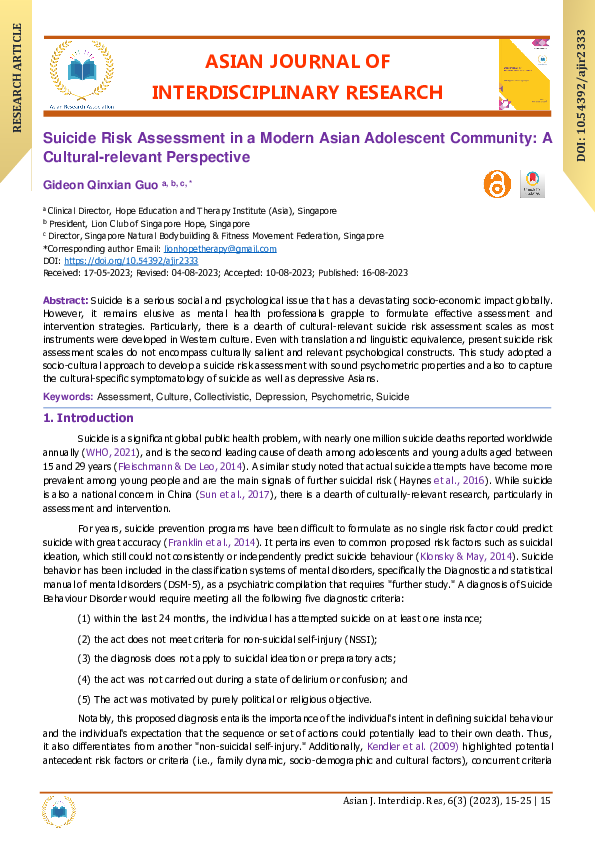(PDF) Suicide Risk Assessment in a Modern Asian Adolescent Community: A ...