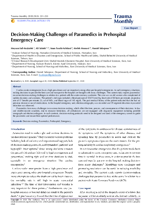 (PDF) Decision-Making Challenges of Paramedics in Prehospital Emergency ...