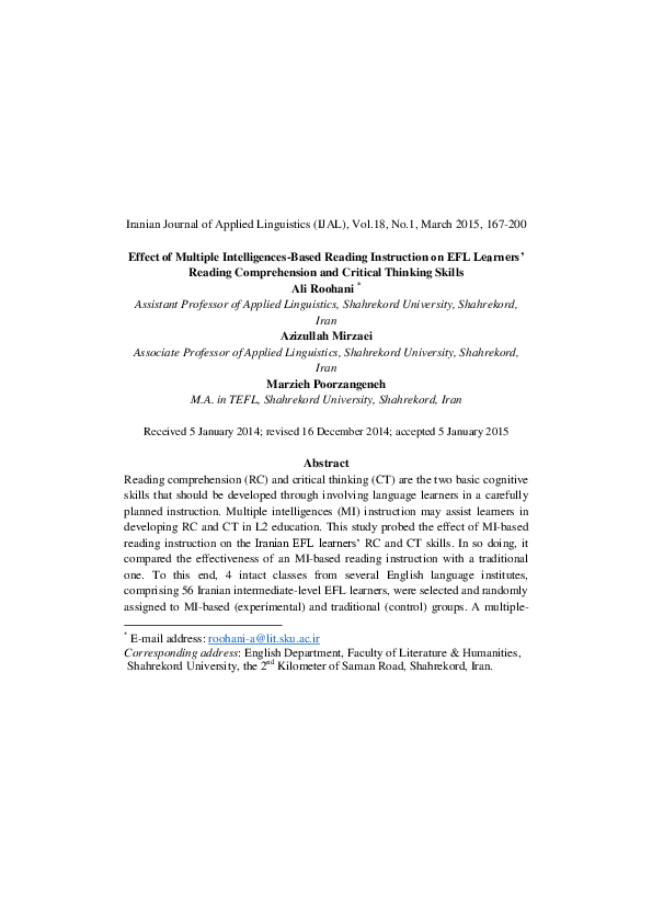 (PDF) Effect of Multiple Intelligences-Based Reading Instruction on EFL ...