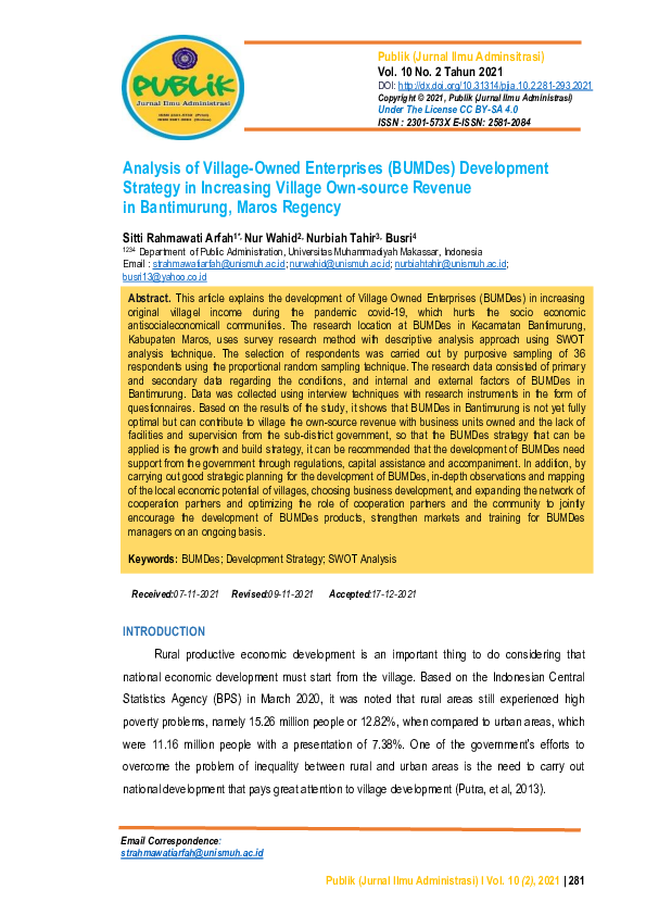 Pdf Analysis Of Village Owned Enterprises Bumdes Development