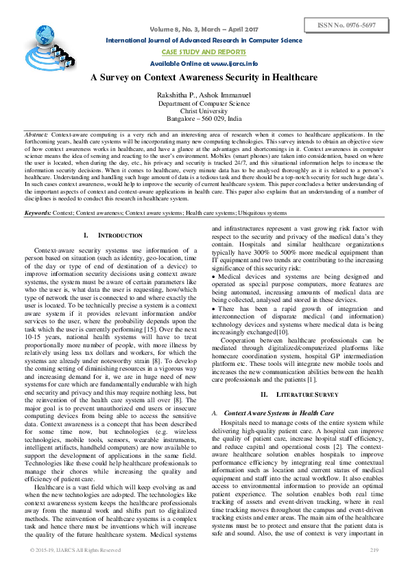 (PDF) A Survey on Context Awareness Security in Healthcare