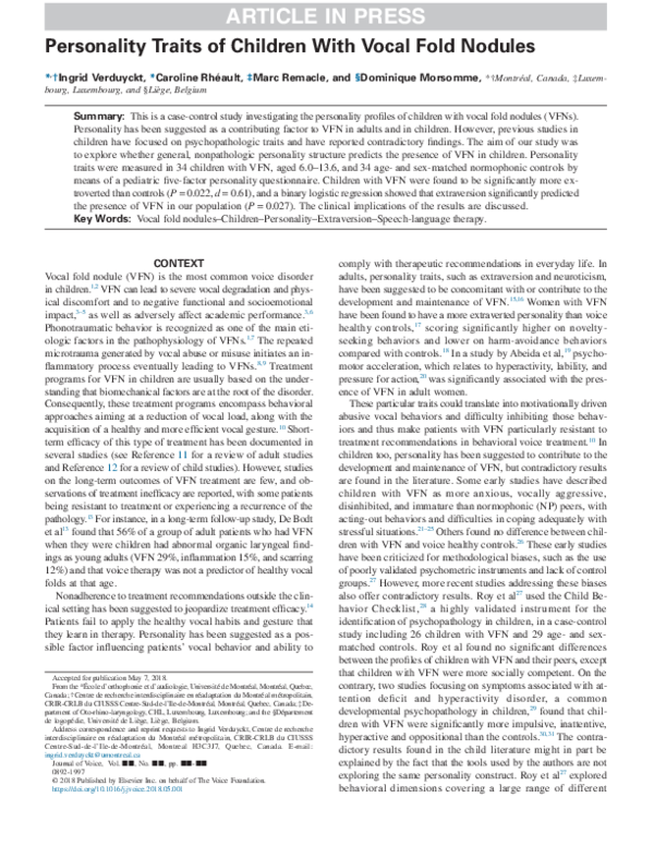 (PDF) Personality Traits of Children With Vocal Fold Nodules