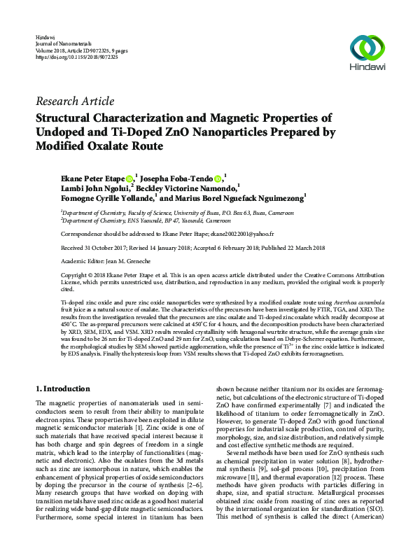 (PDF) Structural Characterization and Magnetic Properties of Undoped ...