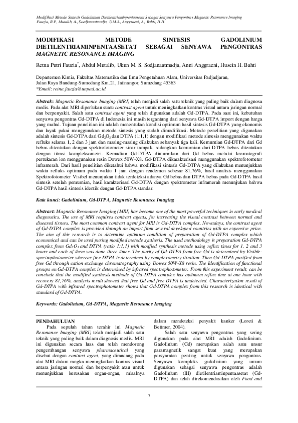 Modifikasi Metode Sintesis Gadolinium Dietilentriaminpentaasetat Sebagai Senyawa Pengontras Magnetic Resonance Imaging