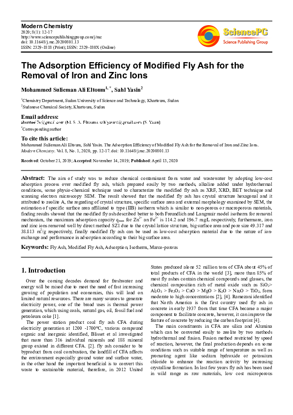 (PDF) The Adsorption Efficiency of Modified Fly Ash for the Removal of ...