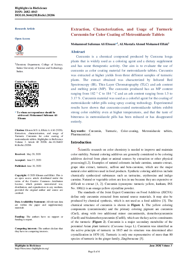 (PDF) Extraction, Characterization, and Usage of Turmeric Curcumin for ...