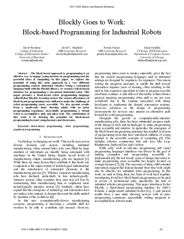 (PDF) Blockly goes to work: Block-based programming for industrial robots