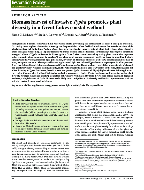 (PDF) Biomass harvest of invasive Typha promotes plant diversity in a ...