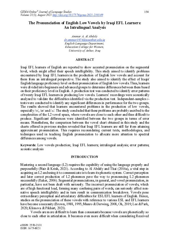 (PDF) The Pronunciation of English Low Vowels by Iraqi EFL Learners: An ...