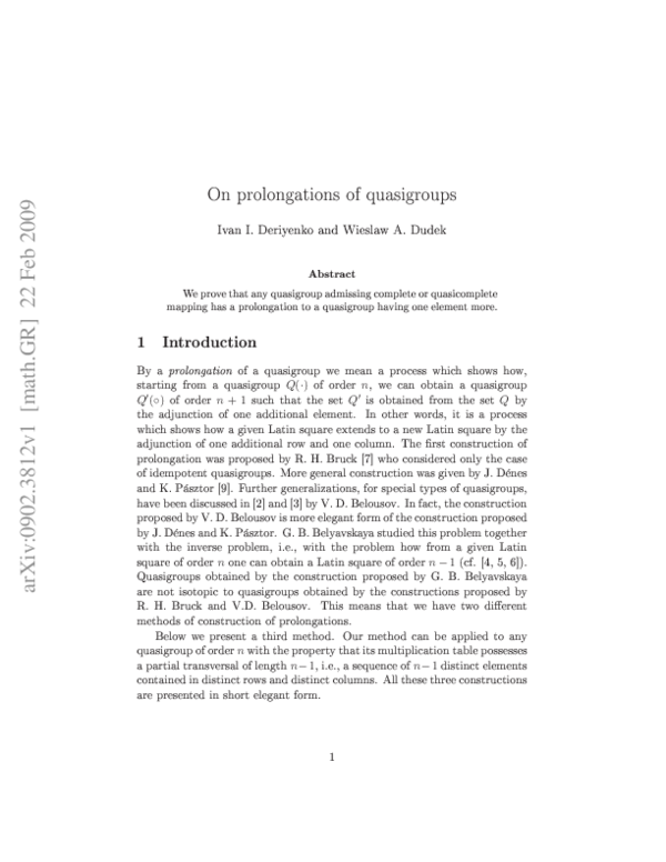 (PDF) On prolongations of quasigroups
