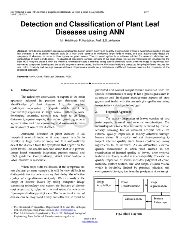 (PDF) Detection and Classification of Plant Leaf Diseases using ANN
