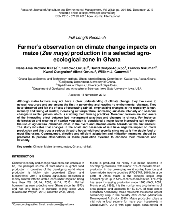 (PDF) Farmer’s observation on climate change impacts on maize (Zea mays ...