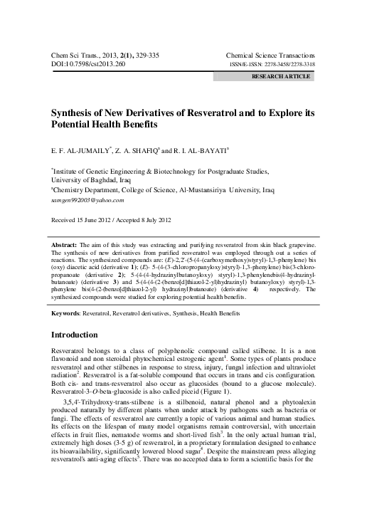 (PDF) Synthesis of New Derivatives of Resveratrol and to Explore its ...