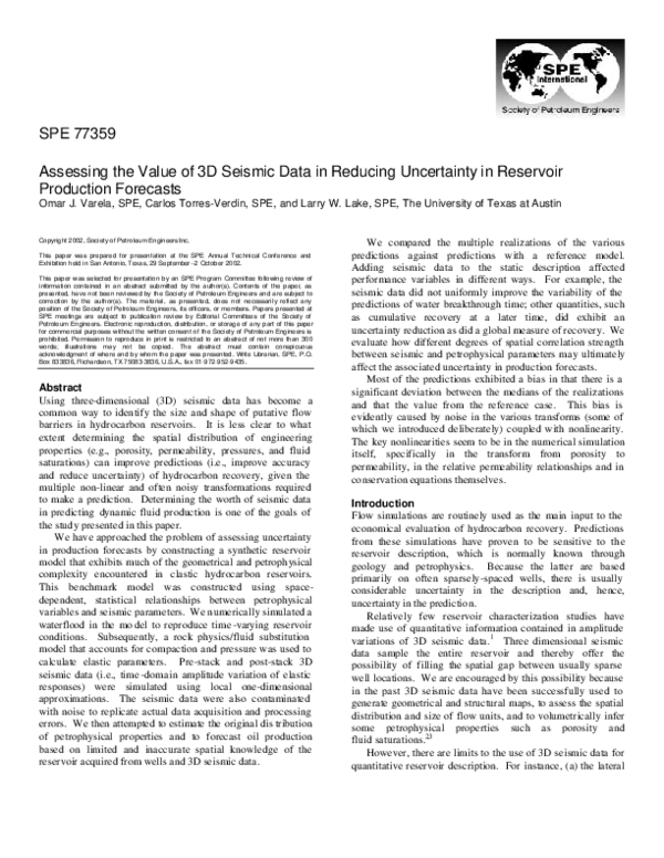(PDF) Assessing the Value of 3D Seismic Data in Reducing Uncertainty in ...
