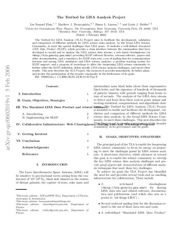(PDF) The Testbed for LISA Analysis Project