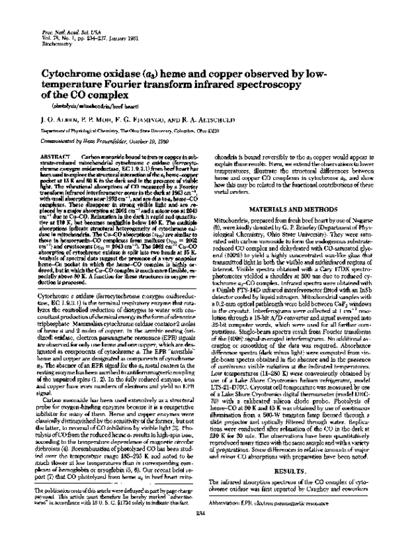 (PDF) Cytochrome oxidase (a3) heme and copper observed by low