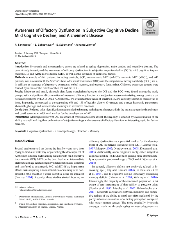(PDF) Awareness of Olfactory Dysfunction in Subjective Cognitive ...