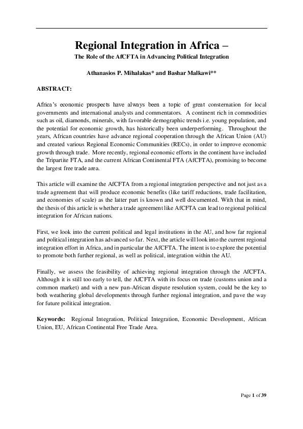 (PDF) Regional Integration in Africa -The Role of the AfCFTA in ...