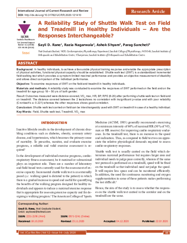 (PDF) A Reliability Study of Shuttle Walk Test on Field and Treadmill ...