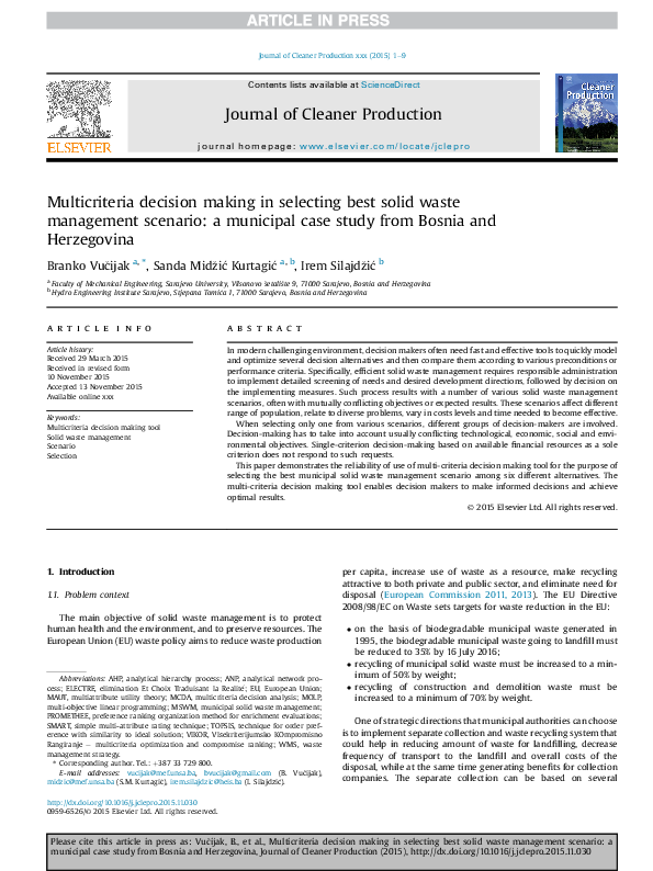 (PDF) Multicriteria decision making in selecting best solid waste ...