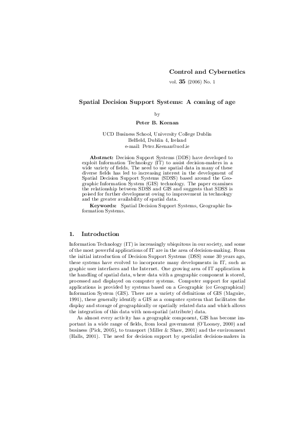 (PDF) Spatial Decision Support Systems: A coming of age