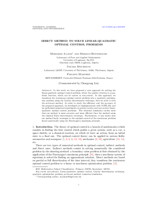 (PDF) Direct method to solve linear-quadratic optimal control problems