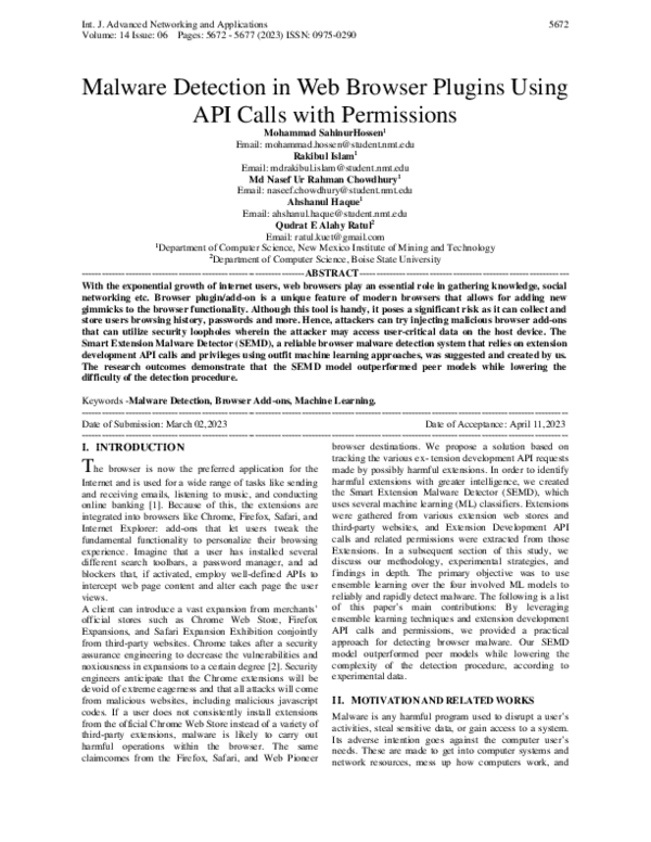 (PDF) Malware Detection in Web Browser Plugins Using API Calls with ...