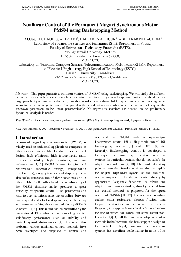 (PDF) Nonlinear Control of the Permanent Magnet Synchronous Motor PMSM ...