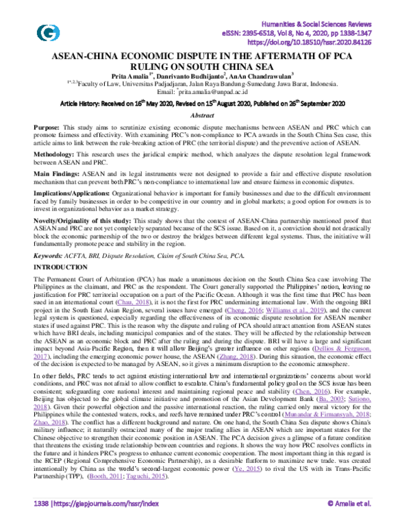 (PDF) Asean-China Economic Dispute in the Aftermath of Pca Ruling on ...