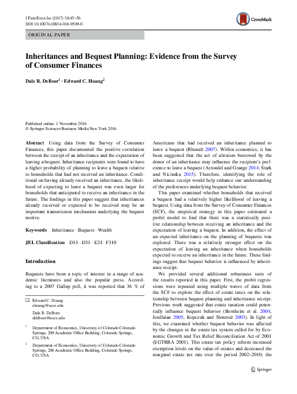 (PDF) Inheritances and Bequest Planning: Evidence from the Survey of ...
